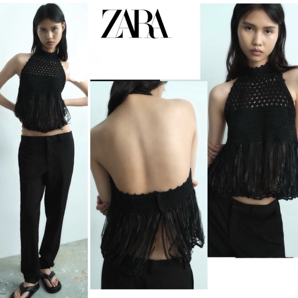 Zara black boho crochet knit fringe halter top Sz S NWOT